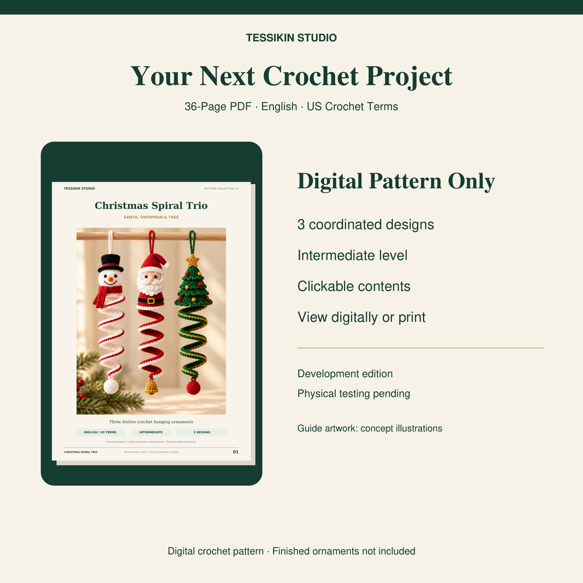 Christmas Spiral Trio Crochet Pattern PDF - Santa, Snowman & Tree