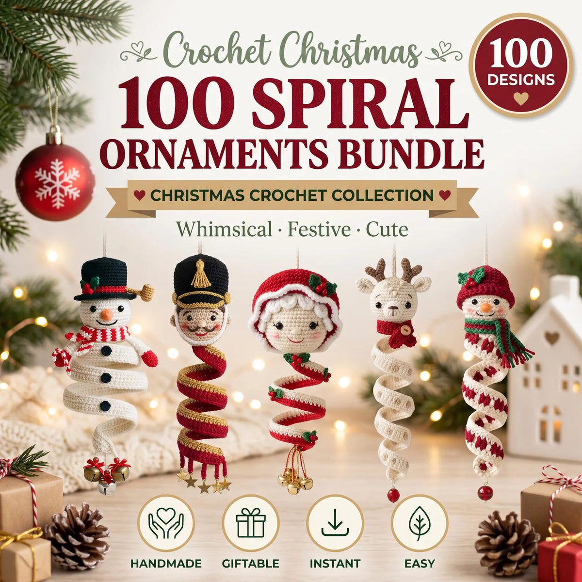Lot de 100 patrons de crochet pour décorations de Noël en spirale (PDF) | Décorations de Noël en spirale | Idéal pour débutants | Téléchargement instantané