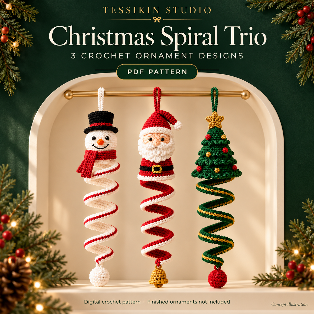 Christmas Spiral Trio Crochet Pattern PDF - Santa, Snowman & Tree