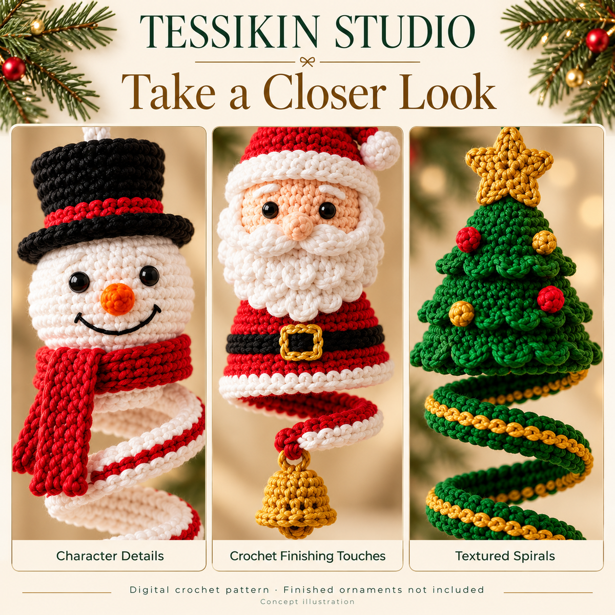 Christmas Spiral Trio Crochet Pattern PDF - Santa, Snowman & Tree