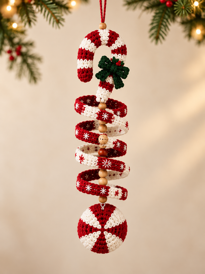 AI-assisted design preview of a candy cane crochet wind spinner with red-and-ivory stripes, a green bow and peppermint bauble pendant.