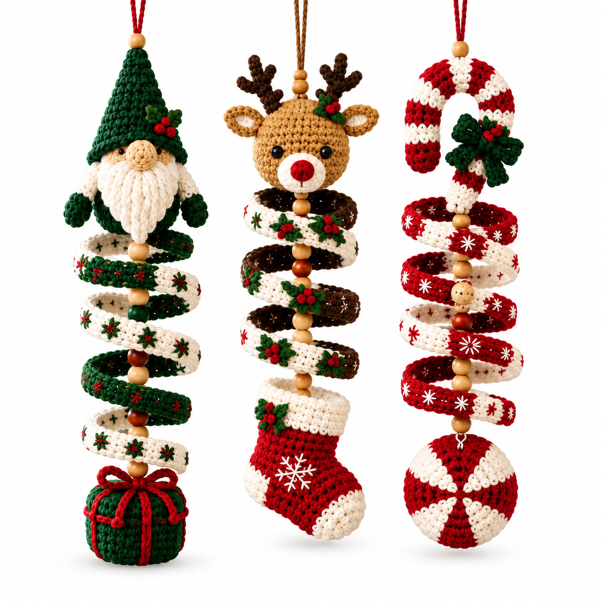 AI-assisted design preview of three Christmas crochet wind spinners: a green gnome, red-nosed reindeer and red-and-white candy cane.