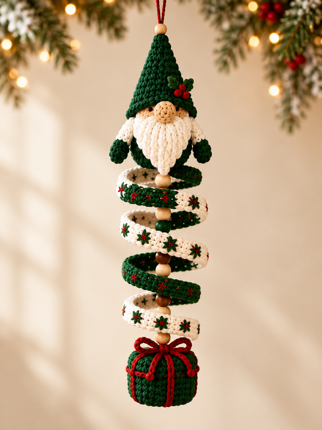 AI-assisted design preview of a green Christmas gnome crochet wind spinner with an ivory beard, wooden beads and gift-shaped pendant.