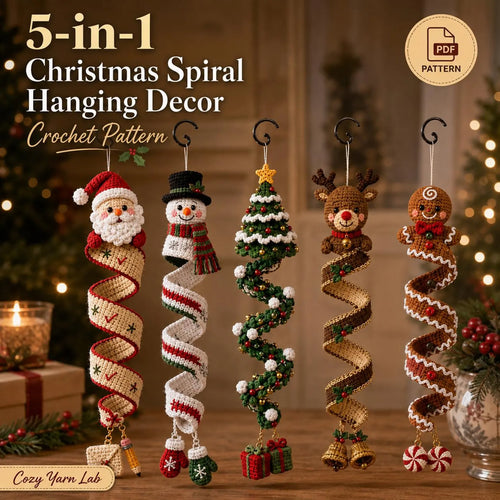 Modèle PDF de décoration de Noël en spirale au crochet | 5 en 1 : Père Noël, bonhomme de neige, renne, sapin en pain d'épice | Décoration Amigurumi à suspendre (Téléchargement numérique)