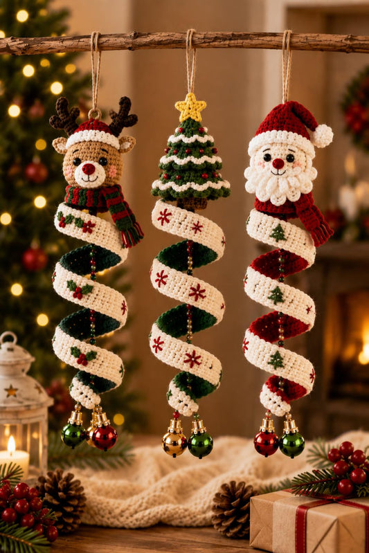 Modèle de décoration en spirale au crochet | Père Noël, renne, sapin amigurumi (téléchargement PDF)