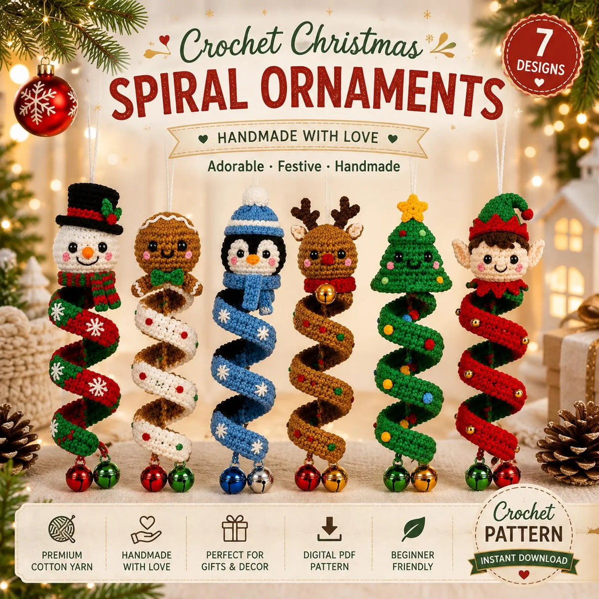Ensemble de modèles au crochet pour décorations de Noël en spirale (PDF), décorations suspendues en forme de girouette, téléchargement numérique