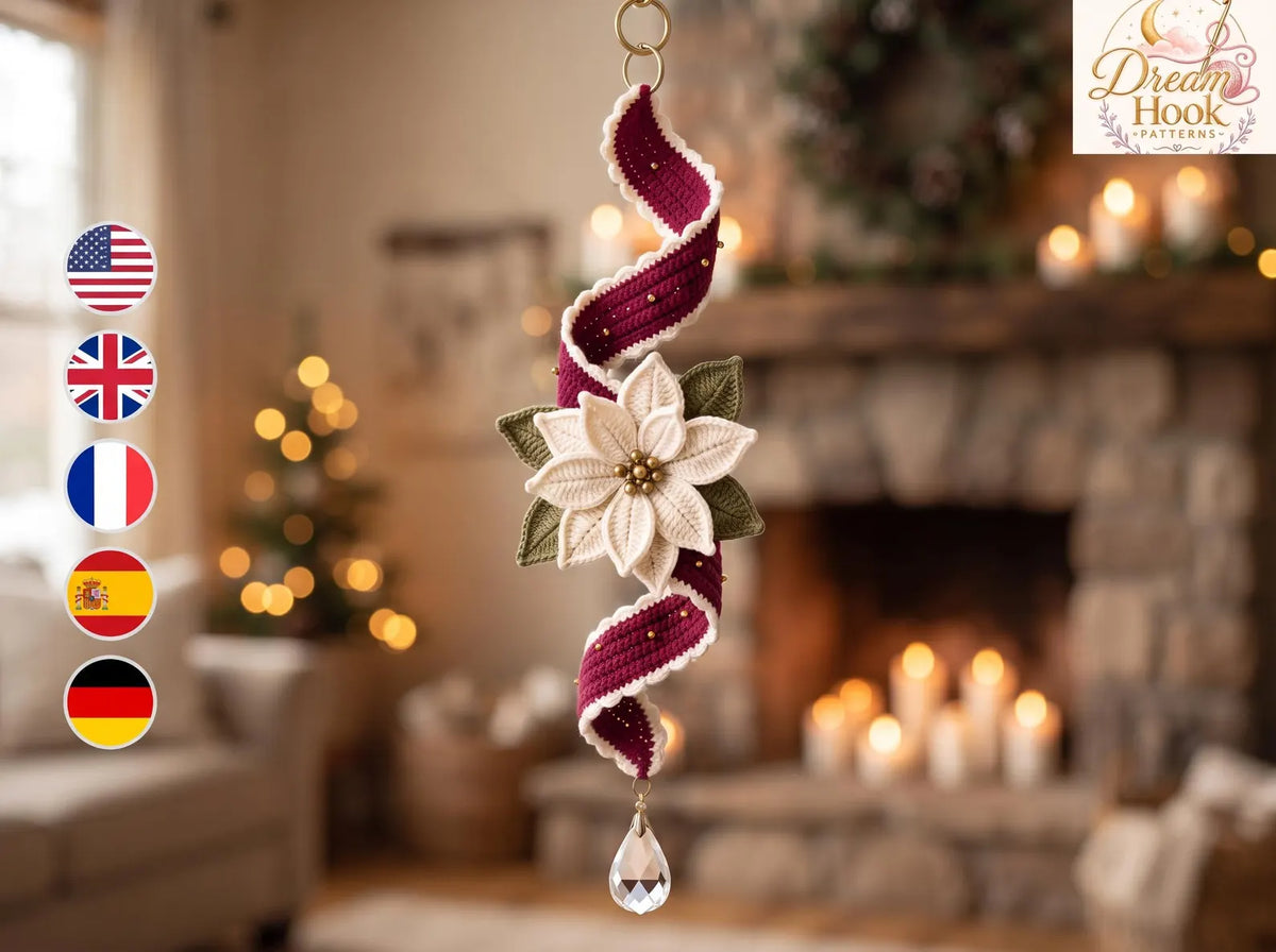 Modèle PDF de girouette de Noël au crochet, ornement suspendu en spirale de poinsettia