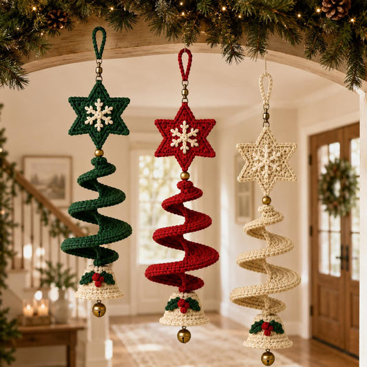 Crochet Christmas Spiral Wind Spinner Pattern PDF, Star Snowflake and Bell Hanging Ornament,