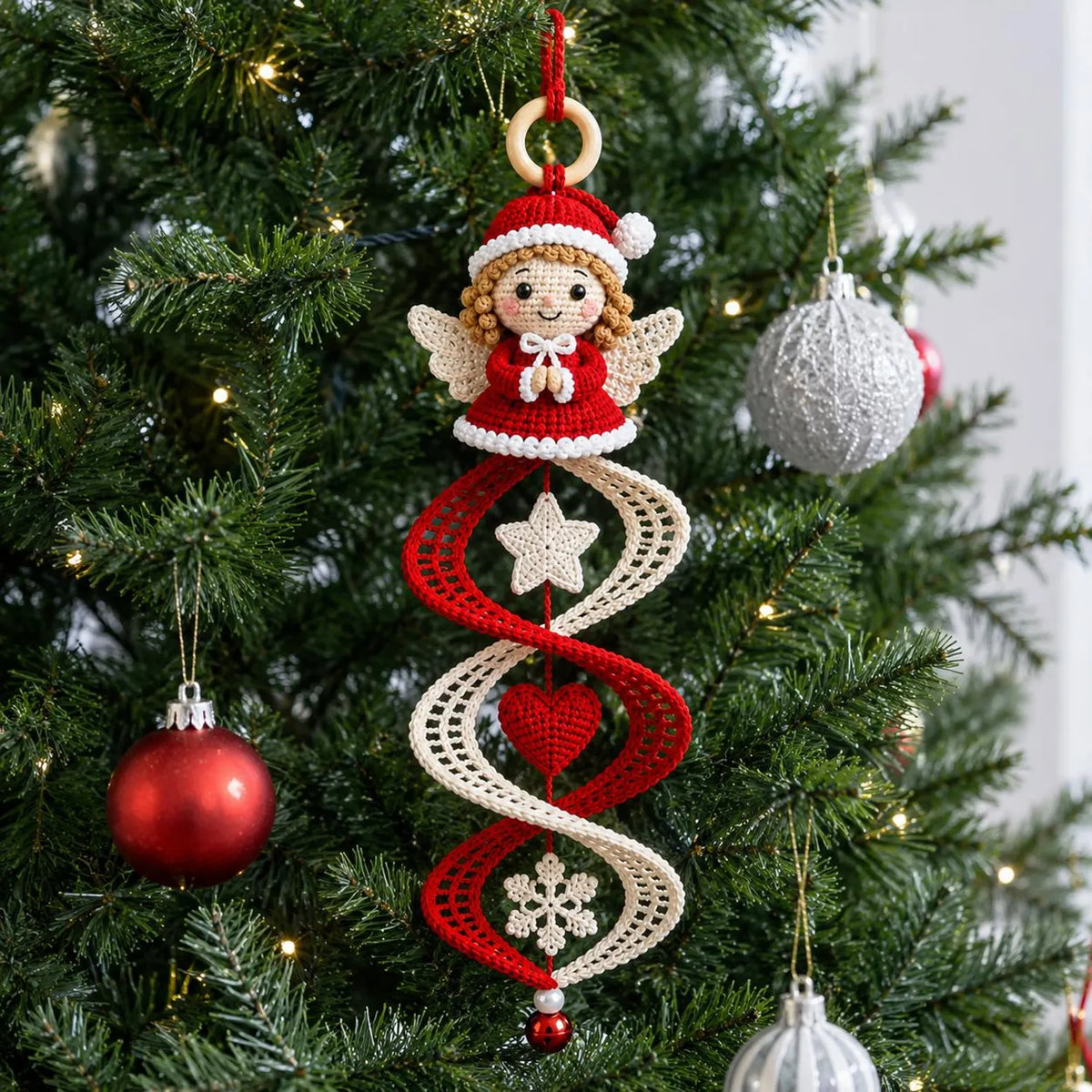 Girouette ange de Noël au crochet, décoration suspendue en spirale pour les fêtes, modèle d'ornement pour sapin de Noël (téléchargement PDF)