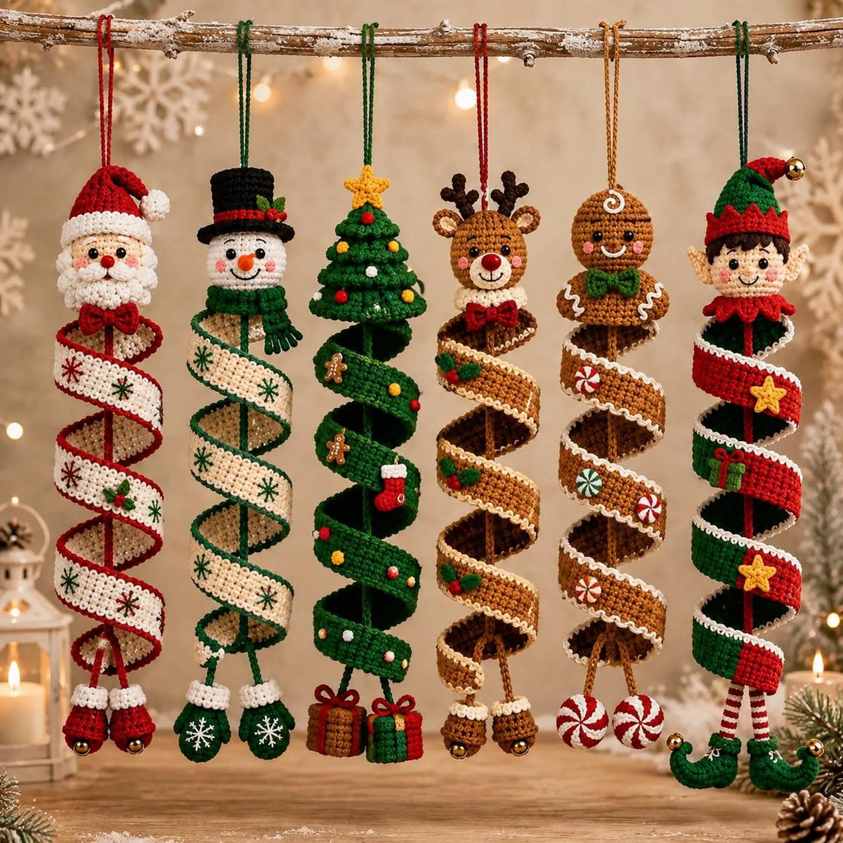 Modèle PDF de décoration de Noël en spirale au crochet | 6 en 1 : Père Noël, bonhomme de neige, renne, sapin en pain d'épice | Décoration Amigurumi à suspendre (Téléchargement numérique)