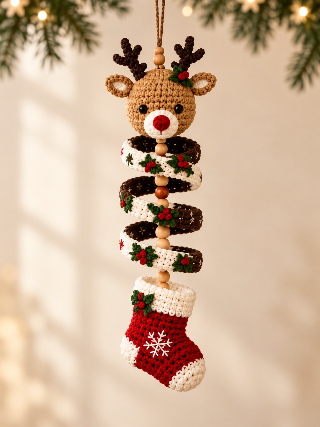 AI-assisted design preview of a red-nosed reindeer crochet wind spinner with antlers, holly details and a red stocking pendant.